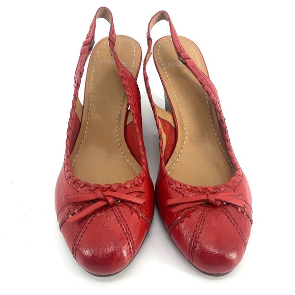Nicole Red Leather Slingback Heels Wedge Bow Detail Braided Trim Womens Shoes7.5 - Picture 1 of 7